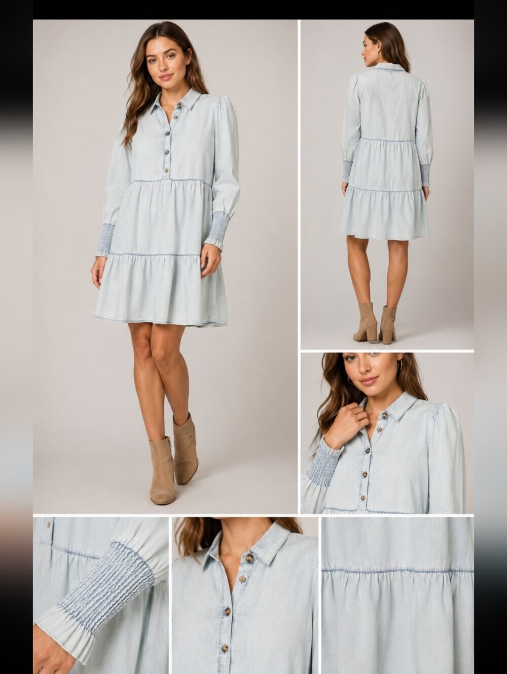 Vevert Chambray Tiered Shirt hoboDress Women Small Light Wash Blue Long Sleeve